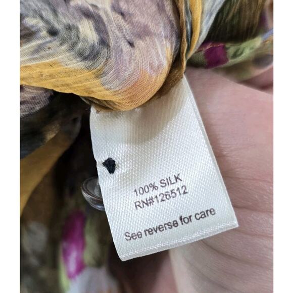 Arrata Silent Journey Shirt Womens Medium Silk Blouse Sheer Yellow Floral Button - Picture 10 of 14